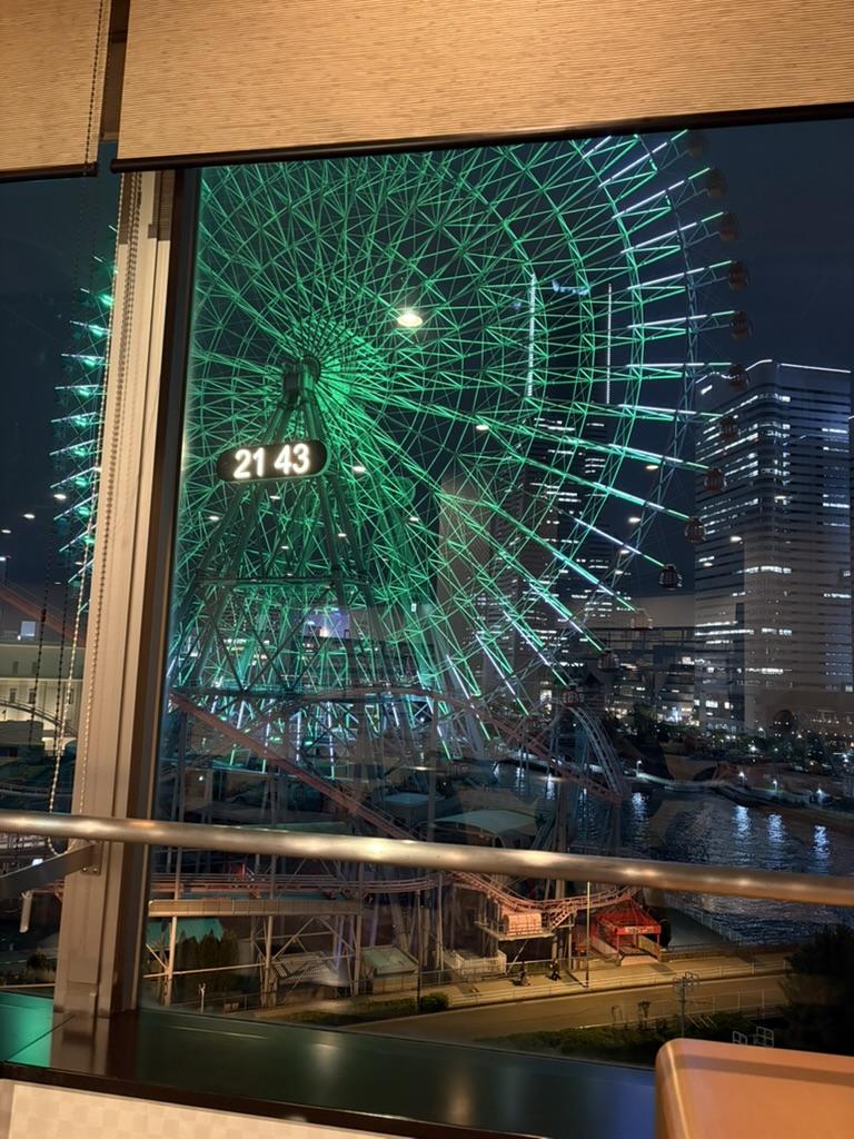 Cosmo Clock 21 at night from the relaxation lounge, Manyo Club