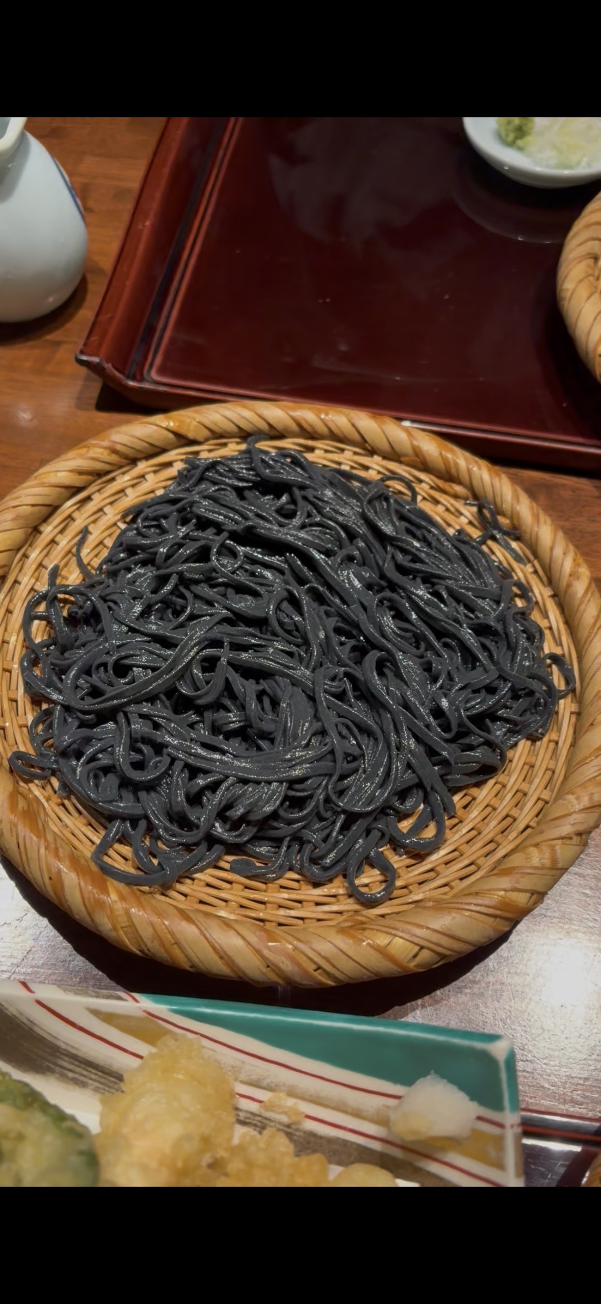 Black soba, dyed with bamboo charcoal, at Akatsukian